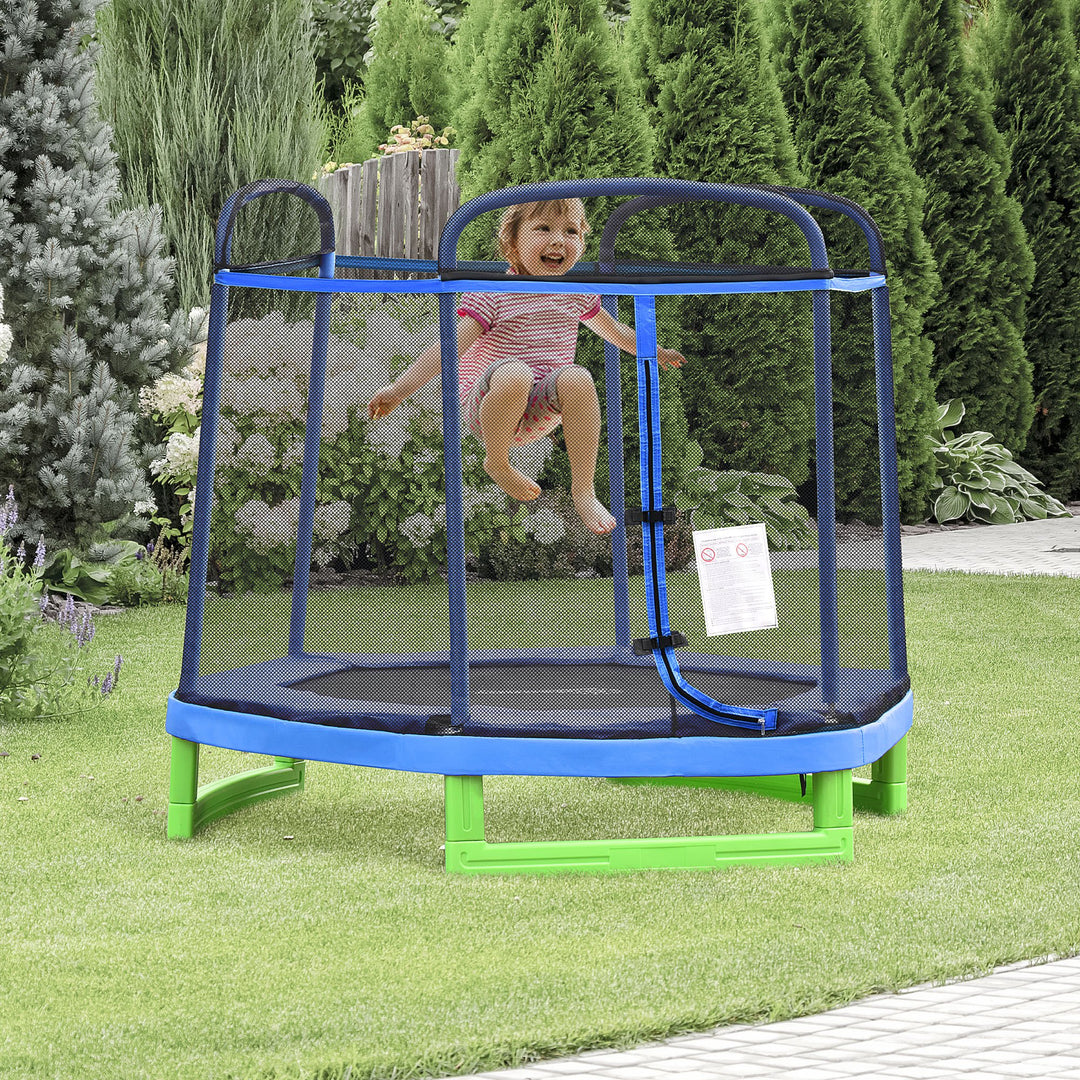 215 cm Kids Trampoline Indoor Bouncer Jumper w/ Security Enclosure Net Spring Gym Play Children for 3-12 Years Old Blue