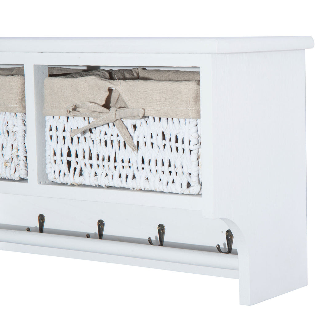 Entryway Coat Rack Wall Mounted Shelf w/Wicker Basket and Hooks (2 Baskets, White)