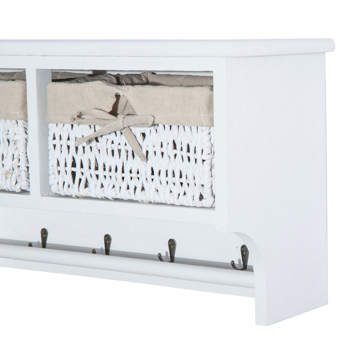 Entryway Coat Rack Wall Mounted Shelf w/Wicker Basket and Hooks (2 Baskets, White)