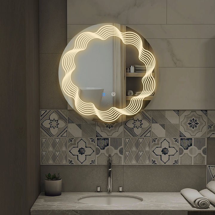 kleankin Round Illuminated Bathroom Mirrors w/ LED Dimming Lighted , Wall Mounted Vanity Mirror w/ 3 Colour, Smart Touch, Anti-Fog, 60cm