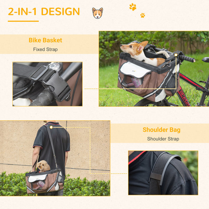 Foldable Pet Carrier Bag Dog Bike Basket Soft-Sided Cat Carrier w/ Storage Pockets, Brown
