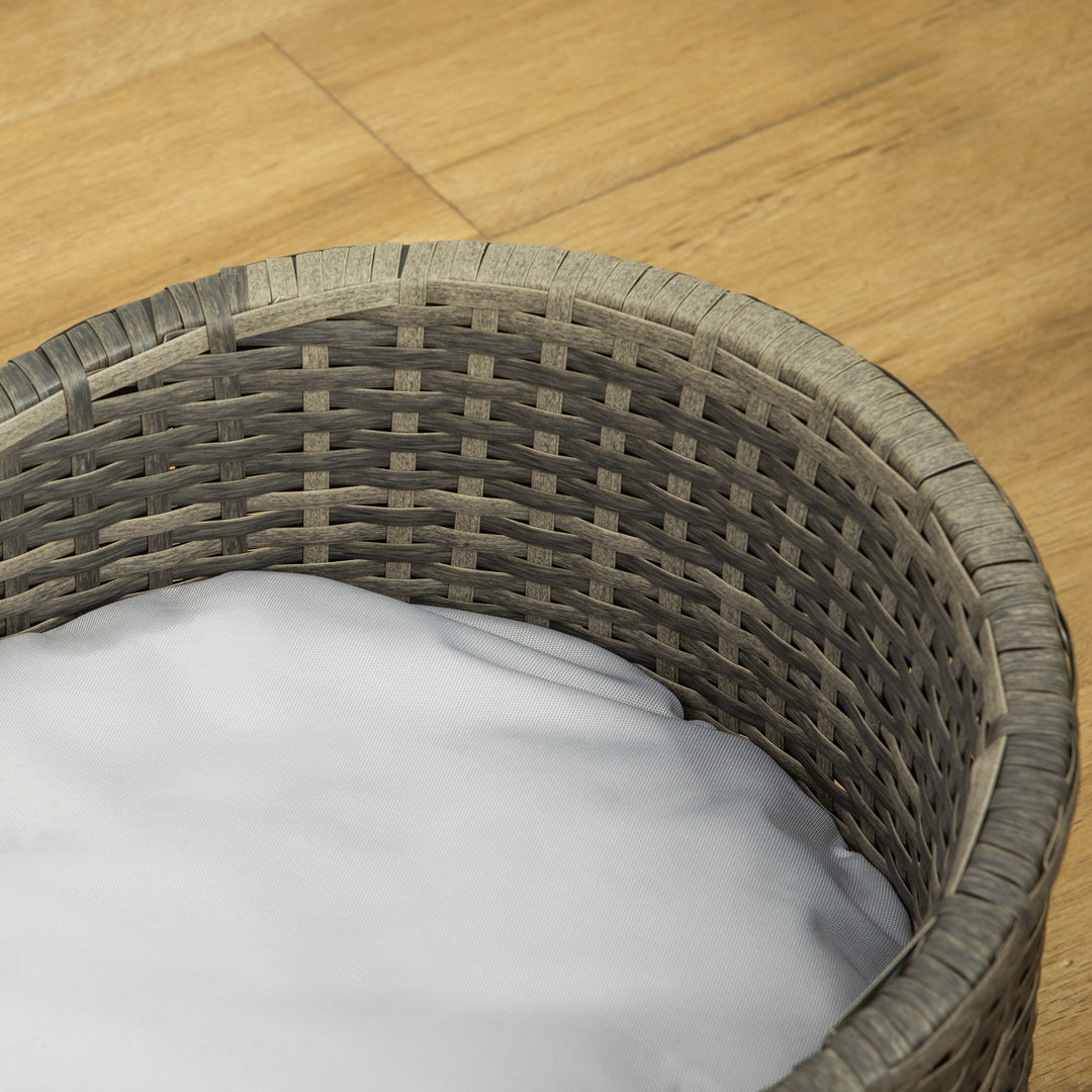 PawHut Elevated Wicker Dog Sofa, Rattan Cat Bed Hand Woven with Soft Cushion, Washable Cover, for Small &amp; Medium Dog, 75 x 42 x 29 cm, Grey