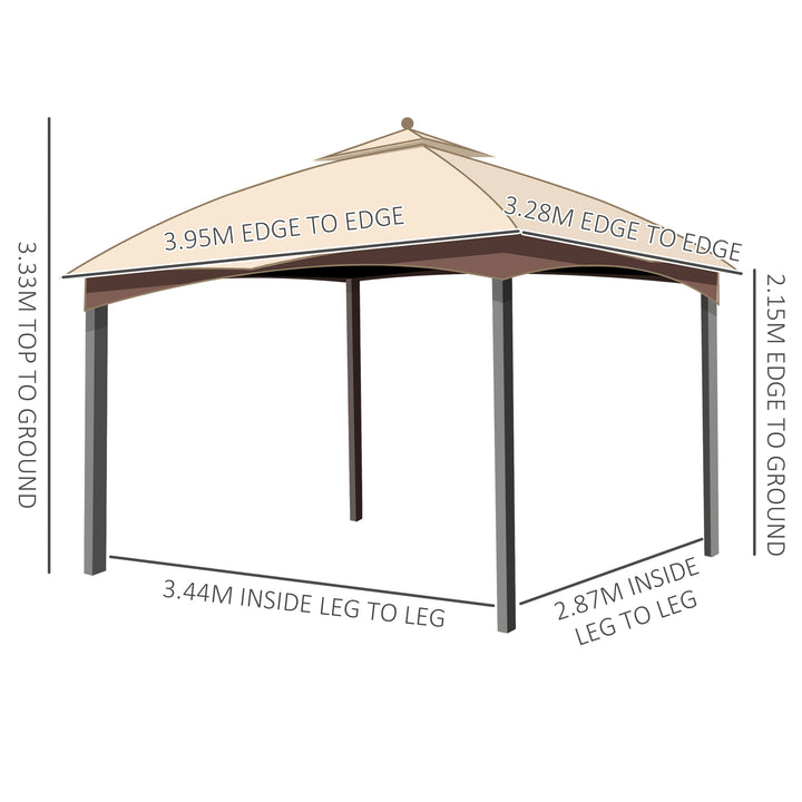 Outsunny 4 x 3(m) Patio Gazebo, Garden Canopy Shelter with Double Tier Roof, Removable Netting and Curtains for Lawn, Poolside, Khaki