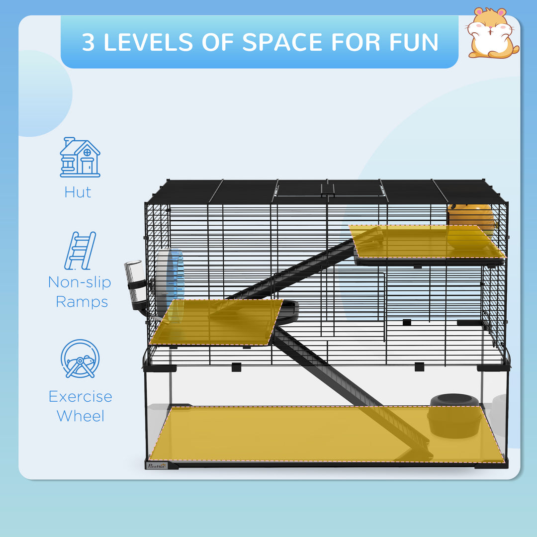 3 Tiers Hamster Cage, Gerbil Cage with Deep Glass Bottom, Non-Slip Ramps, Platforms, Hut Exercise Wheels Water Bottle for Syrian Dwarf Hamster