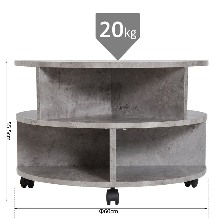 2 Tier Round Side End Table Coffee Desk with Divided Shelves Tea Table Storage Unit Living Room Organiser with Wheels - Cement colour