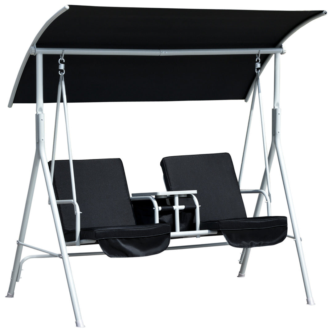 2 Seater Garden Swing Chair Patio Rocking Bench w/ Tilting Canopy, Double Padded Seats, Storage Bag and Tray, Black