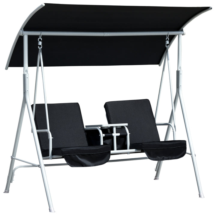 2 Seater Garden Swing Chair Patio Rocking Bench w/ Tilting Canopy, Double Padded Seats, Storage Bag and Tray, Black