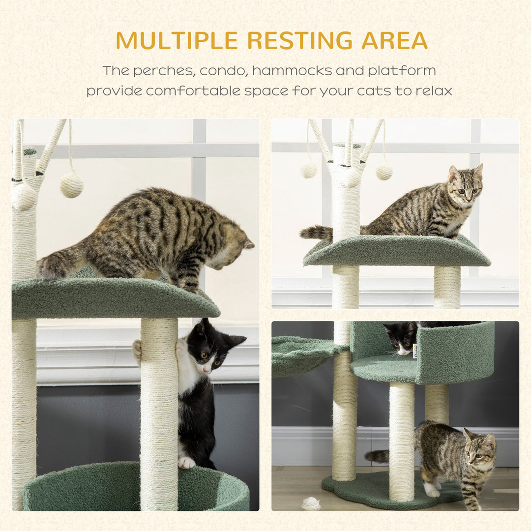 Cat Tree, Climbing Kitten Cat Tower Activity Center for Indoor Cats with Sisal Scratching Post, Hammock, Kitten Bed, Hanging Ball Toy, Green
