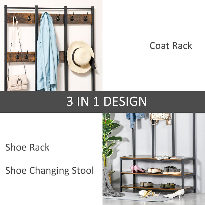 Coat Rack Stand, Free Standing Hall Tree, Coat Stand with Hooks, Bench and Shoe Rack, 100cm x 40cm x 184cm, Rustic Brown and Black