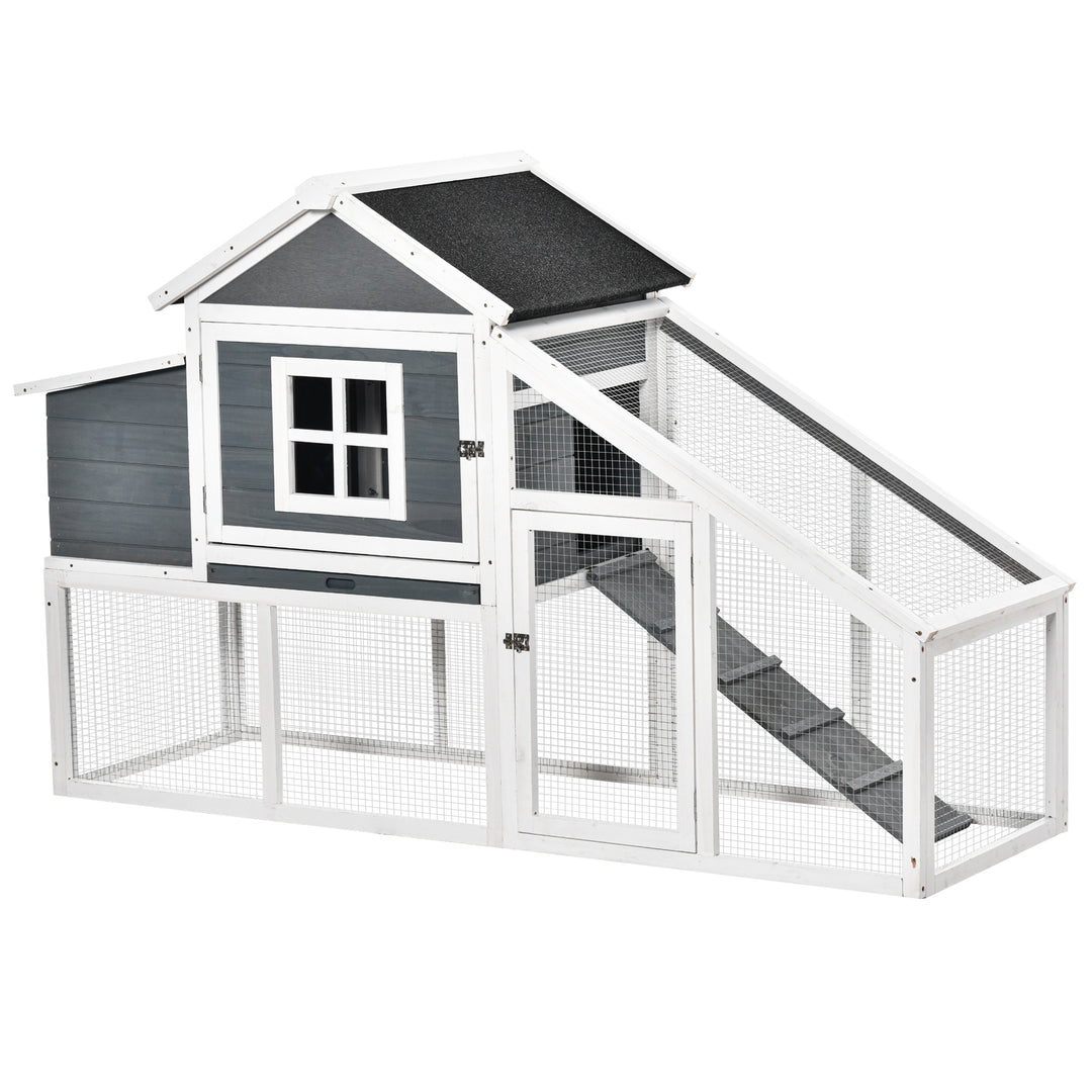 PawHut Chicken Coop, Hen House, Wooden Poultry Habitat with Outdoor Run, Nesting Box, Slide Out Tray, Lockable Doors, Ramp, 176 x 66 x 110cm, White