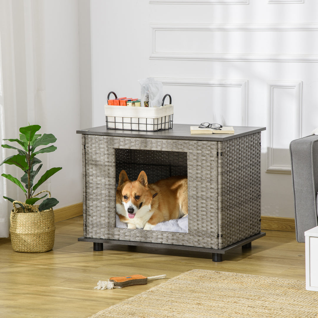 Wicker Dog House, Rattan Pet Bed, End Table Furniture, with Soft Cushion, For small and medium Dogs - Grey