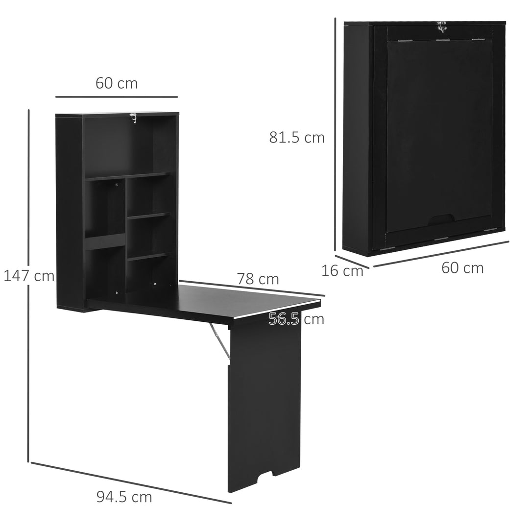 Folding Wall-Mounted Drop-Leaf Table With Chalkboard Shelf Multifunction Black