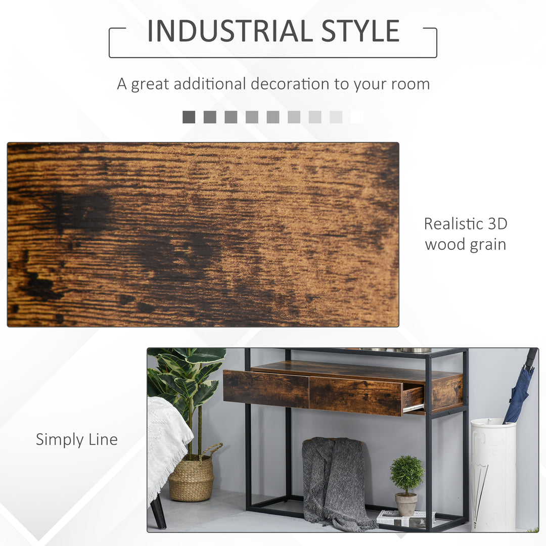 Entryway Console Table Desk with Drawers, Toughened Glass Shelf, 3D Wood Grain
