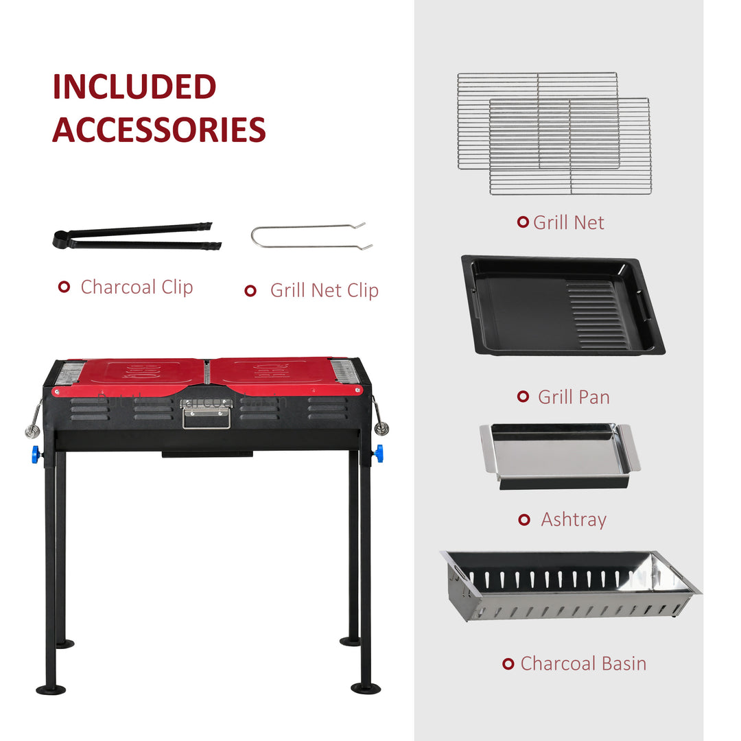 Portable Charcoal BBQ Grill Height Adjustable Barbecue w/ Side Shelves, Grill Net & Pan Easy Set-up