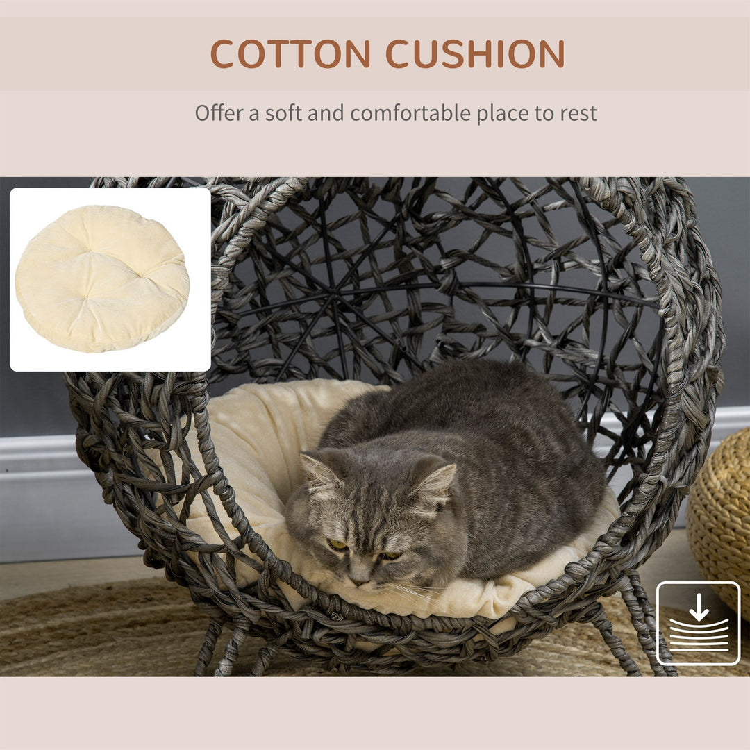 Woven Rattan Elevated Cat Bed House Kitten Pussy Basket Ball Shaped Pet Furniture w/ Removable Cushion Natural 52 x 52 x 58 cm, Silver Grey