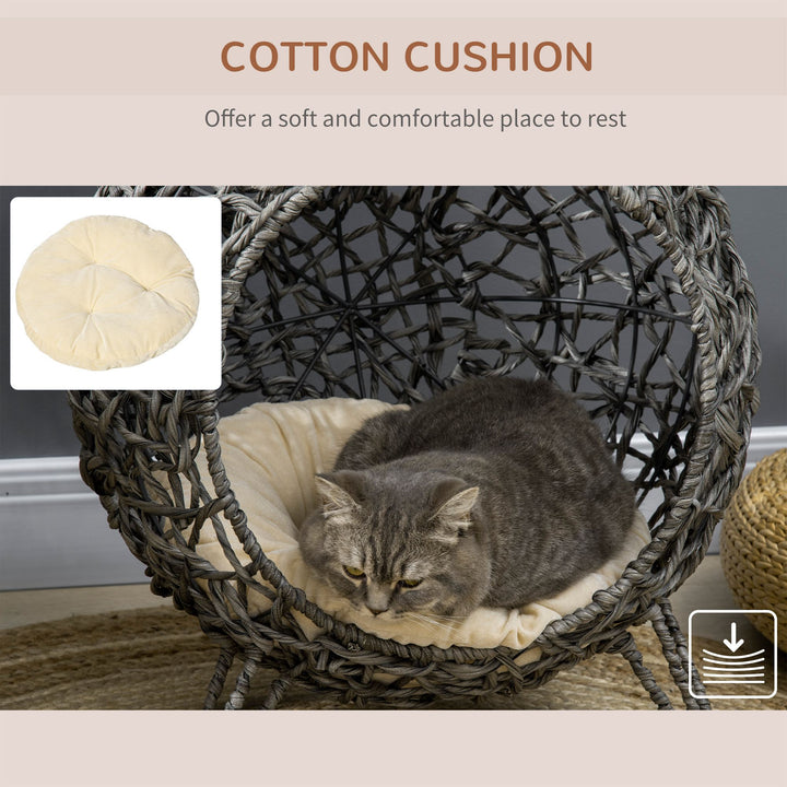 Woven Rattan Elevated Cat Bed House Kitten Pussy Basket Ball Shaped Pet Furniture w/ Removable Cushion Natural 52 x 52 x 58 cm, Silver Grey