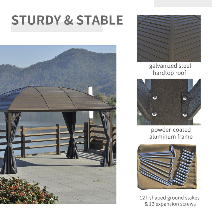 Outsunny 4 x 3(m) Patio Aluminium Gazebo Hardtop Metal Roof Canopy Party Tent Garden Outdoor Shelter with Mesh Curtains &amp; Side Walls, Dark Grey