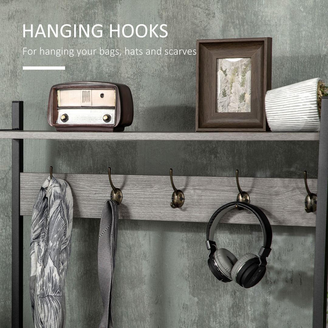 Coat Rack Stand, Shoe Bench with 5 Hooks and Storage Cabinet, Freestanding Metal Frame Hall Tree for Hallway, Grey