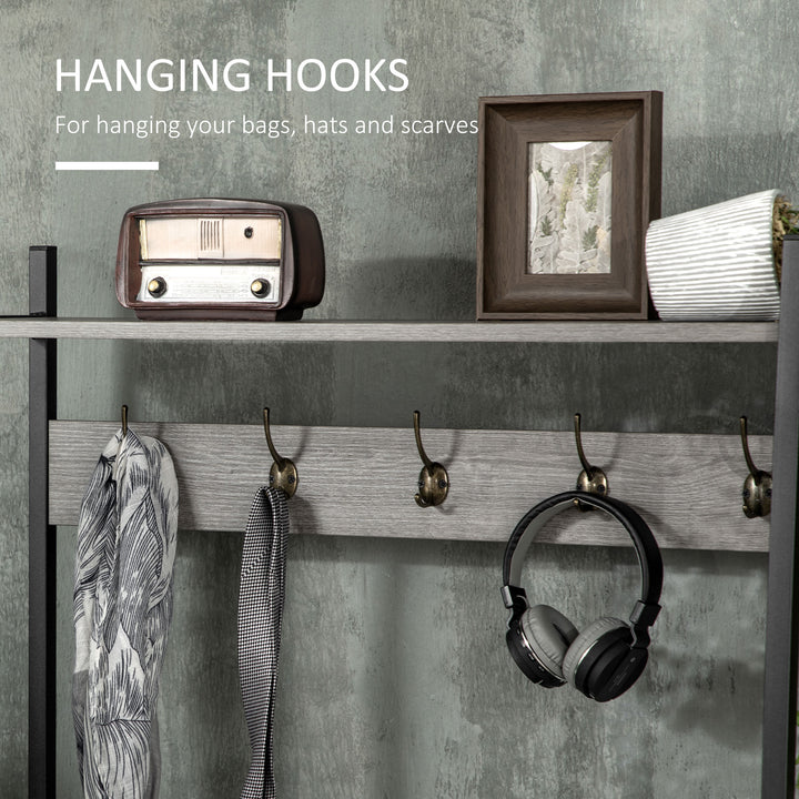 Coat Rack Stand, Shoe Bench with 5 Hooks and Storage Cabinet, Freestanding Metal Frame Hall Tree for Hallway, Grey