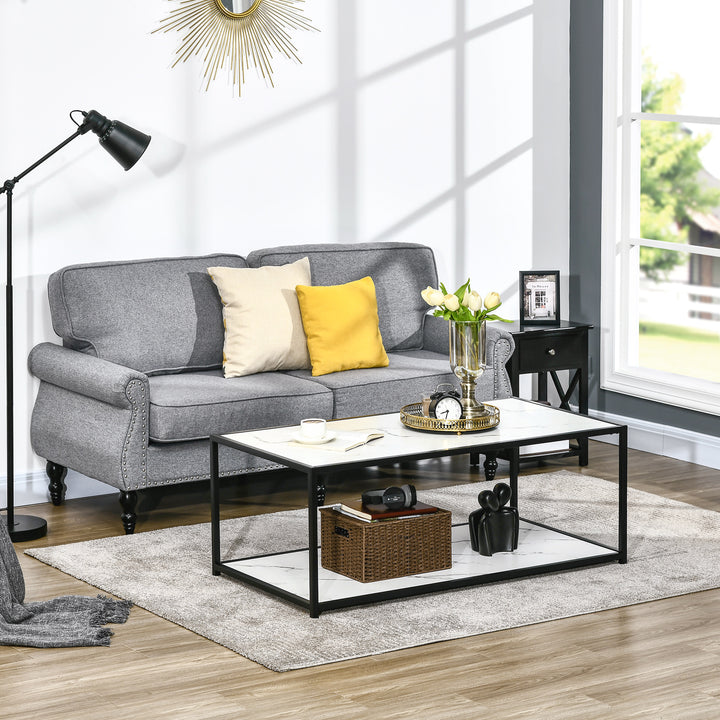 HOMCOM Modern Coffee Table with Faux Marble Top, Cocktail Table with 2-Tier Storage and Steel Frame for Living Room, White