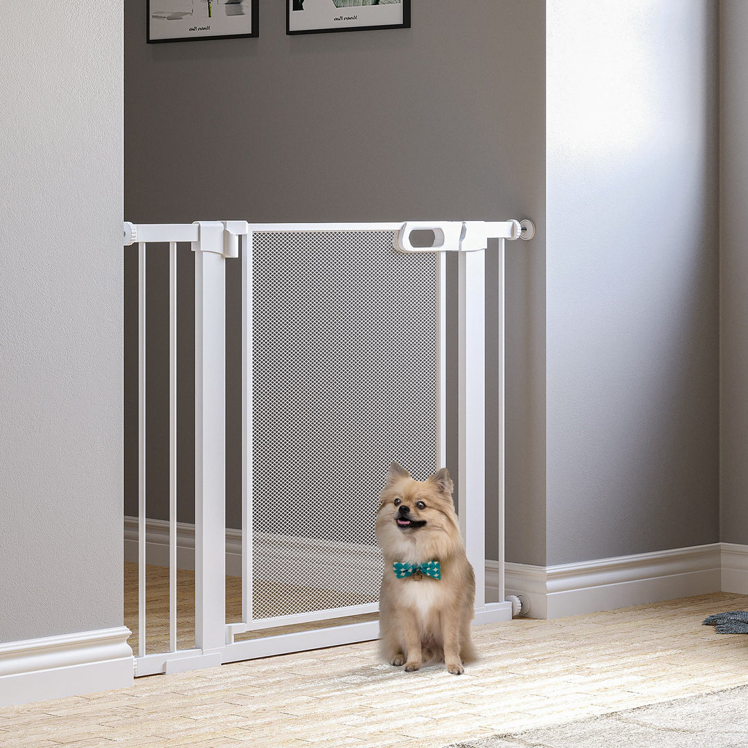 PawHut Pressure Fit Safety Gate for Doorways and Staircases, Dog Gate w/ Auto Closing Door, Pet Barrier for Hallways w/ Double Locking - White