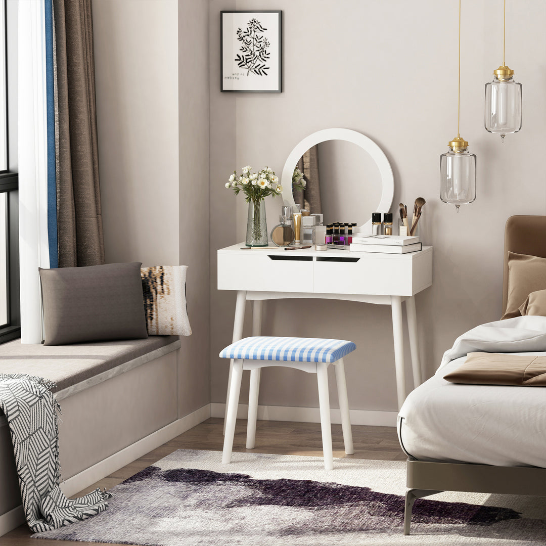 Dressing Table &amp; Stool Set w/ Drawers Mirror Modern Elegant Vanity Makeup Padded Seat Home Bedroom Beauty Furniture White
