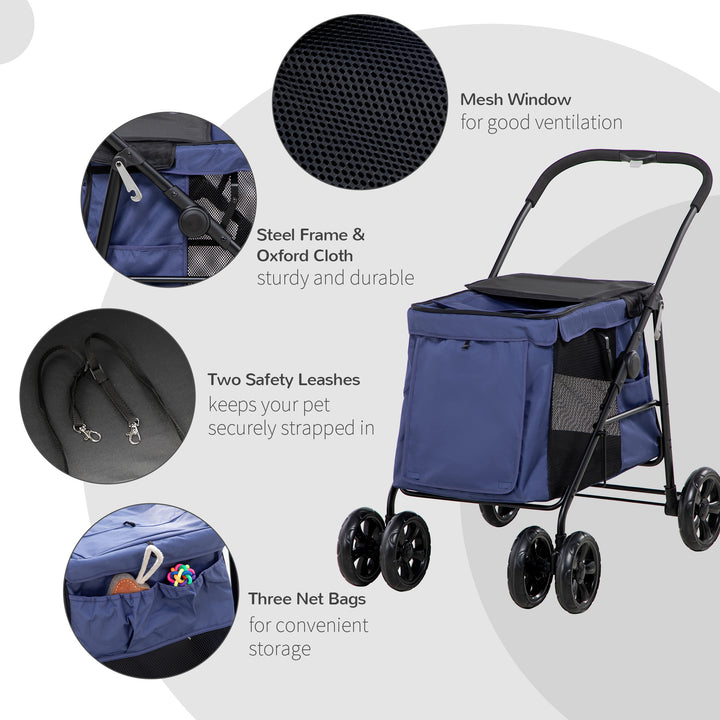 One-Click Foldable Dog Pushchair w/ EVA Wheels, Storage Bags, Mesh Windows, Doors, Safety Leash, Cushion, for Small Pets - Dark Blue