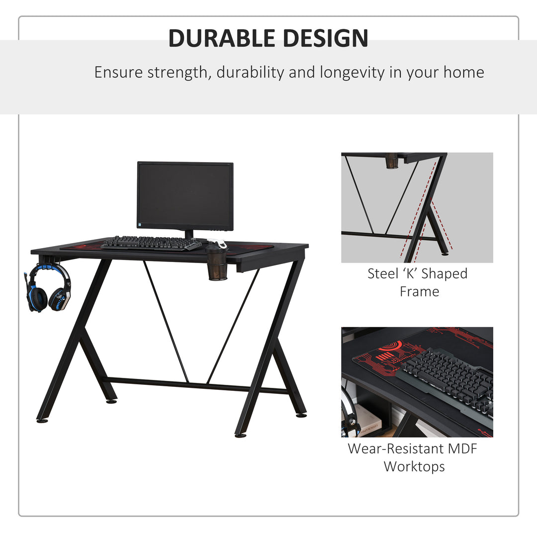 Gaming Desk Computer Table Metal Frame with Cup Holder, Headphone Hook, Cable Hole, Black