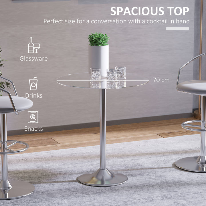 Round Bar Table Pub Bistro Wine Counter w/ Tempered Glass Top Chrome Stand, 70 x 70 x H74.5cm