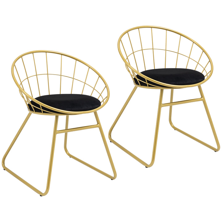 Modern Dining Chairs Set of 2, Metal Wire Kitchen Chair with Velvet-feel Cushion, Round Back and Steel Frame for Living Room, Bedroom, Gold