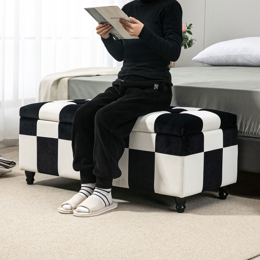 Velvet Storage Ottoman, Button-tufted Footstool Box, White & Black