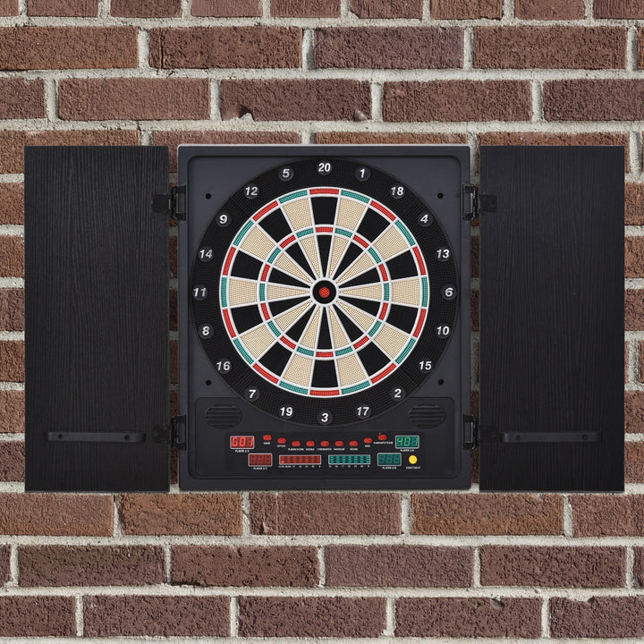 Electronic Dartboard In Case LED Scoreboard w/ 12 Darts 30 Heads Side Storage Cabinet Black White