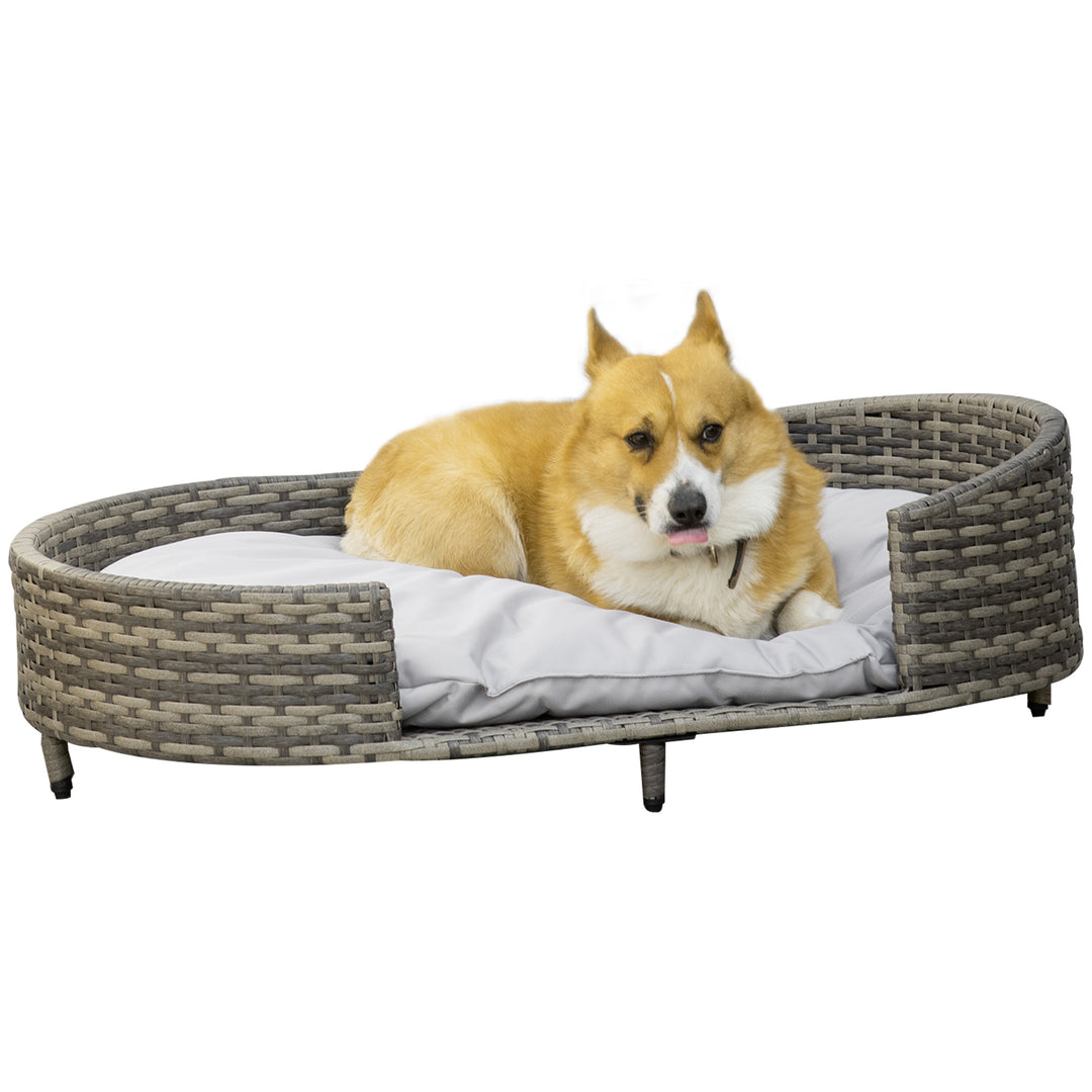 Elevated Wicker Dog Sofa, Rattan Cat Bed Hand Woven with Soft Cushion, Washable Cover, for Medium Dog, 96 x 65 x 29 cm, Grey