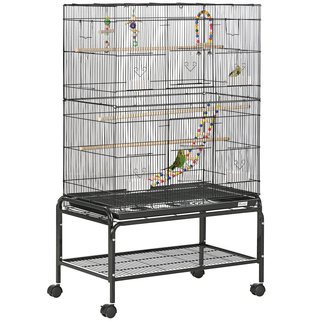 Bird Cage with Stand, Toys, Wheels, for Canaries, Finches, Lovebirds, Parakeets, Budgie Cage with Accessories, Storage Shelf, Black