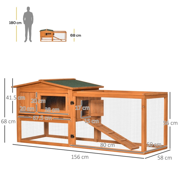 PawHut Rabbit Hutch and Run Outdoor Bunny Cage Wooden Guinea Pig Hide House with Sliding Tray, Hay Rack, Ramp, 156 x 58 x 68cm