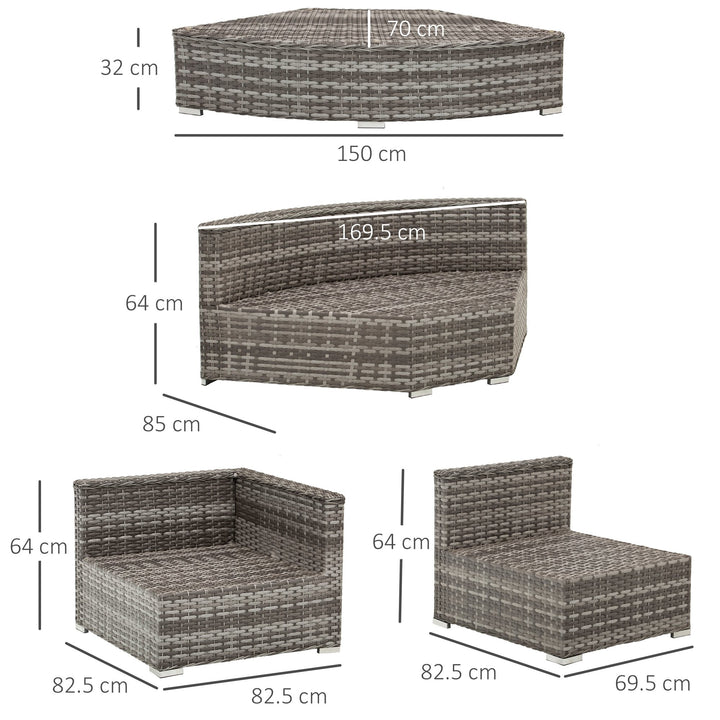 Outsunny 6-Seater Outdoor Rattan Wicker Sofa Set Half Round Patio Conversation Furniture Set w/ Cushions Grey