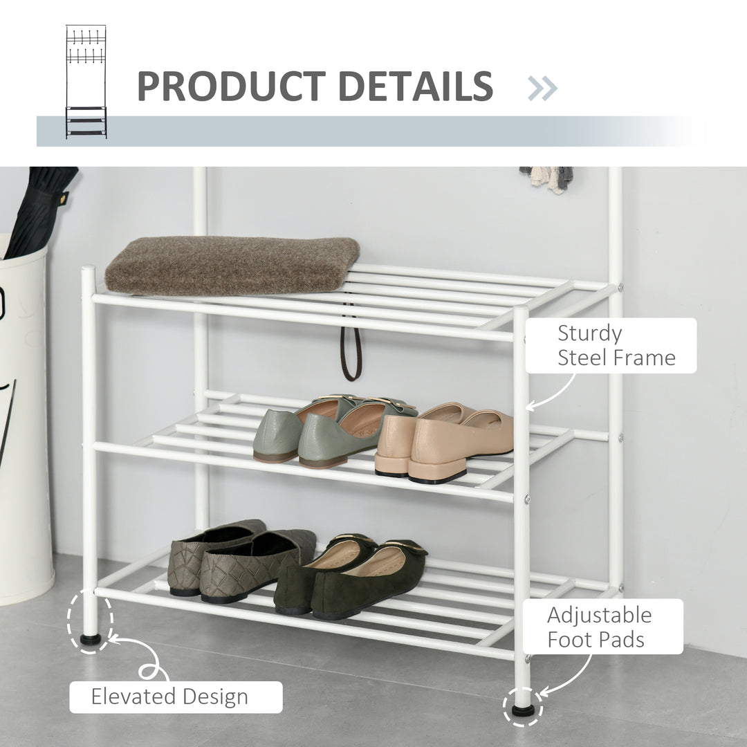 Coat Rack Stand Hall Tree Hallway Furniture with 18 Hooks 3-Tier Shoe Rack Metal Frame for Entryway Bedroom Living Room White