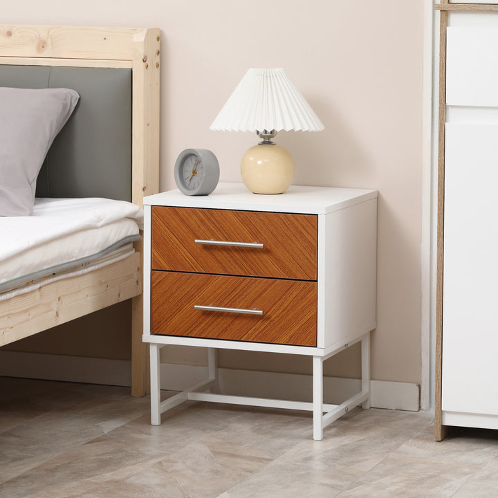 Bedside Table with 2 Drawers and Metal Frame, Sofa Side Table for Bedroom Living Room, White and Brown