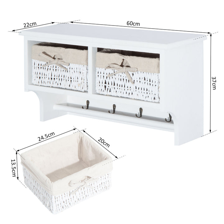 Entryway Coat Rack Wall Mounted Shelf w/Wicker Basket and Hooks (2 Baskets, White)
