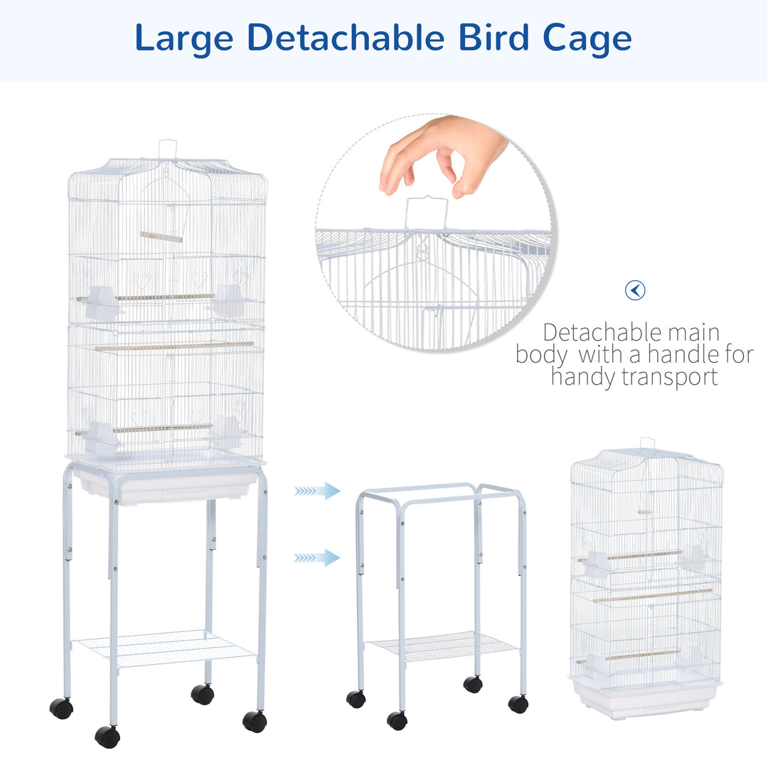 PawHut Metal Bird Parrot Cage w/ Breeding Stand Feeding Tray Wheels Parakeet Pet Supply White 47.5L x 37W x 153H (cm)