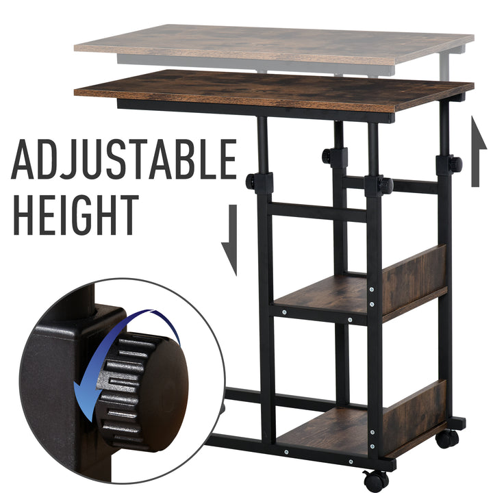 C-Shaped Side Table Industrial Mobile Rolling End Desk with 3-Tier Storage Shelving, Adjustable Height, Wheels