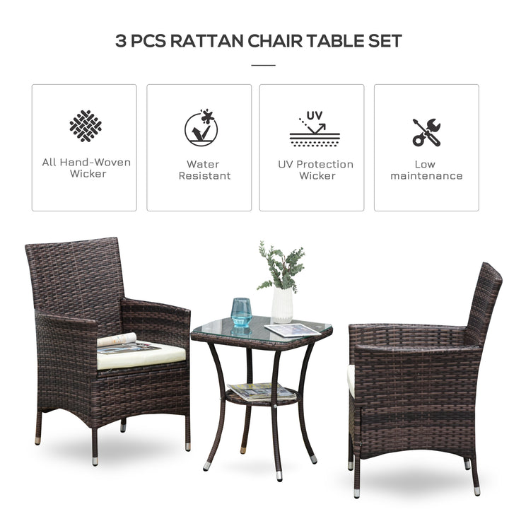 Outsunny Garden Outdoor Rattan Furniture Bistro Set 3 PCs Patio Weave Companion Chair Table Set Conservatory (Brown)