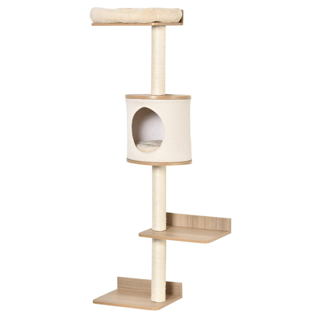 PawHut Cat Tree Cat Shelf Wall-Mounted Shelter Kitten Perch Climber Cat Furniture with Condo Bed Scratching Post 38 x 30 x 149cm Light Brown