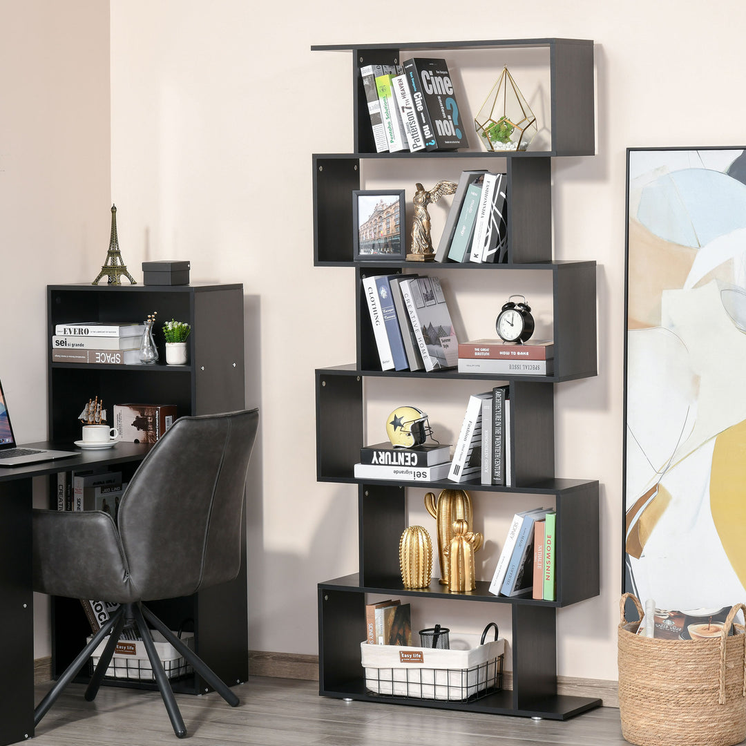S Shape Wooden 6-tier Bookshelf Open Concept Bookcase Storage Display Unit for Home Office Living Room, Black