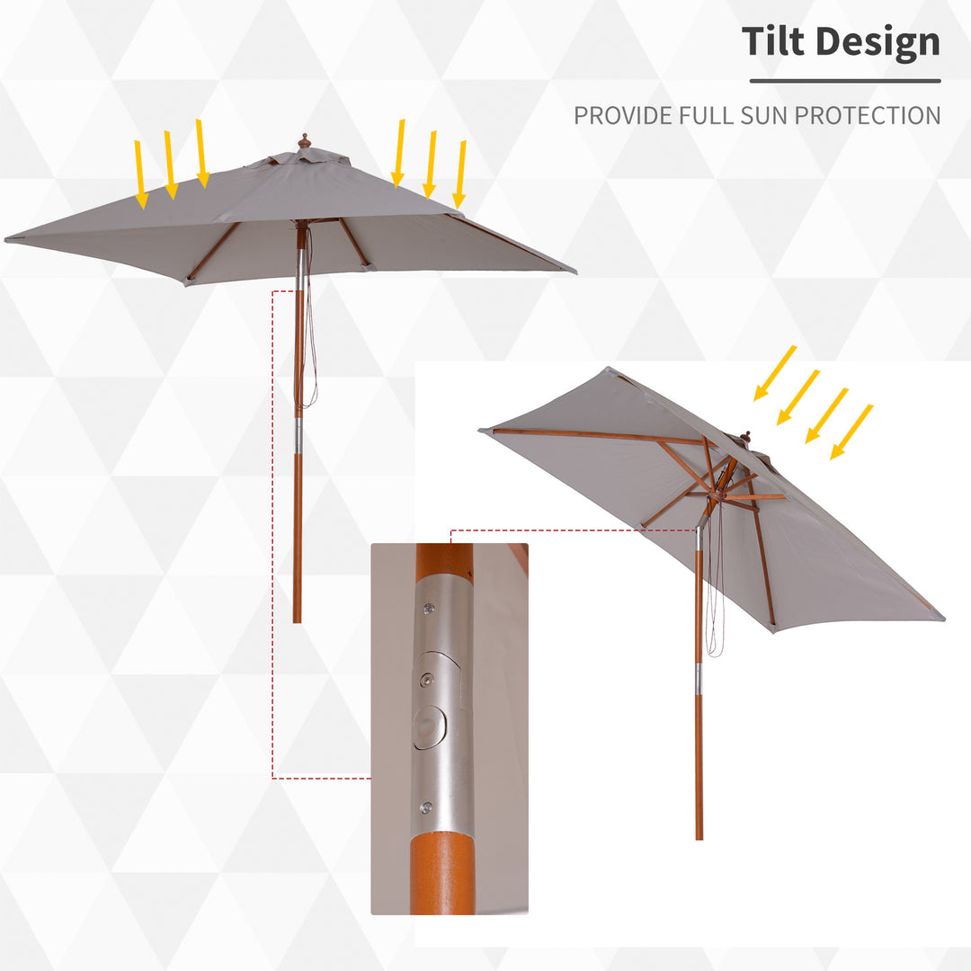 2m x 1.5m Patio Garden Parasol Sun Umbrella Sunshade Canopy Outdoor Backyard Furniture Fir Wooden Pole 6 Ribs Tilt Mechanism - Grey