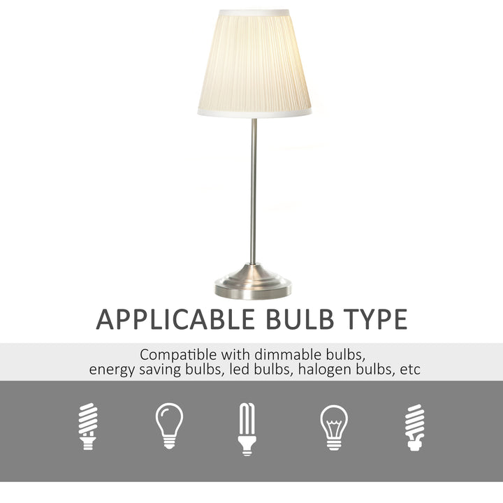 HOMCOM Modern Table Lamp with Pleated Fabric Lampshade and Metal Base, Home Lighting for Living Room, Bedroom, Office, White and Silver