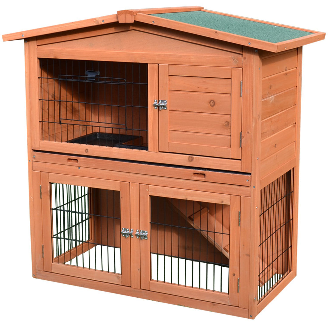 2 Tier Rabbit Hutch Guinea Pig Hutch Ferret Cage with Ramp Slide Out Tray for Indoor Outdoor 100.5 x 55 x 101 cm