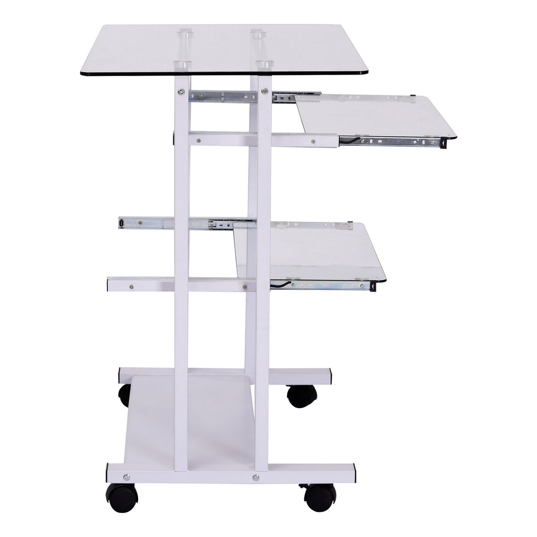 Computer Desk Glass Table Workstation Laptop pc desk mobile  with wheels White
