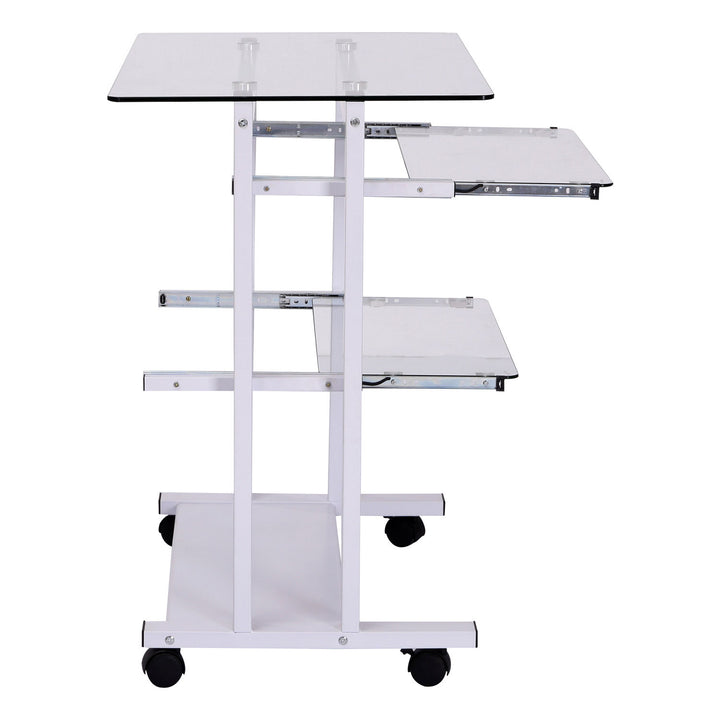 Computer Desk Glass Table Workstation Laptop pc desk mobile  with wheels White