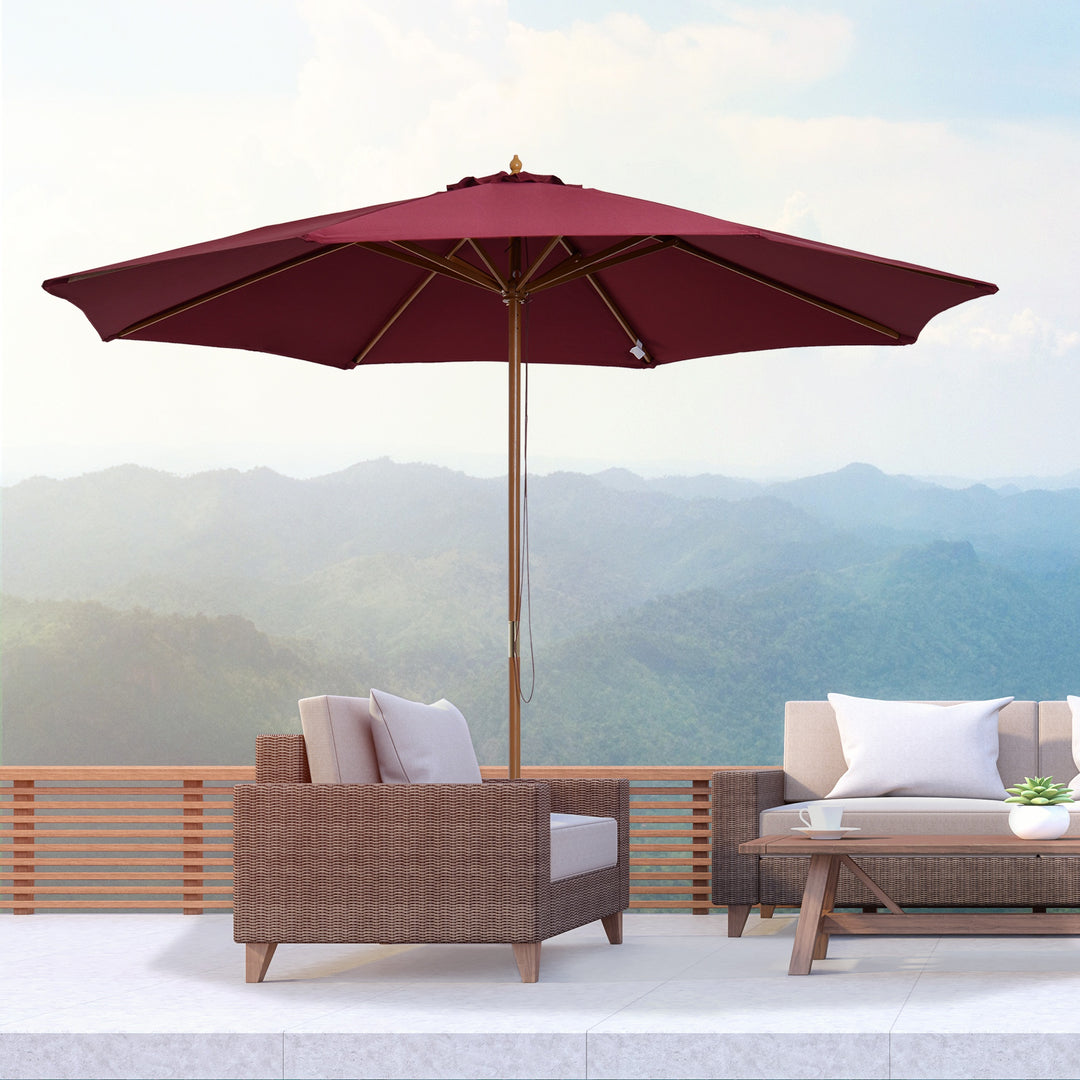 Outsunny ⌀3m Bamboo Wooden Market Patio Umbrella Garden Parasol Outdoor Sunshade Canopy, 8-ribs,Wine Red